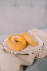 Food and Bakery, Sweet Donut with Sugar Toppings on White Dish
