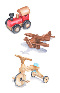 Watercolor wooden  toys for children. A bicycle, an airplane and a train. Illustration can be used for baby shower card, birthday card or for newborn poster