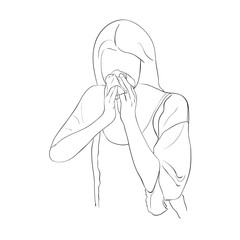 Young woman with runny nose suffering from influenza, blowing her nose with a handkerchief. Line Drawing. Vector illustration.