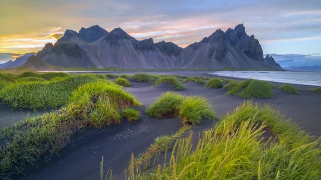 4k Timelapse Movie of Beautiful Sunset Scene Mountain vestrahorn in Iceland, Summer Season