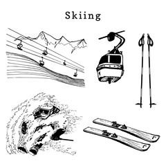 Vector hand sketches of skiing elements.Illustration set for poster, label etc.