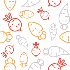 Carrot, radish and beetroot seamless pattern, outline vegetable wallpaper