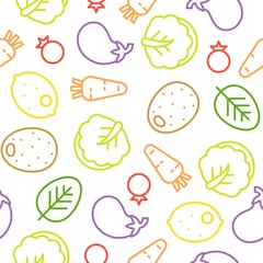 Colorful vegetable line seamless pattern, Chinese cabbage, eggplant, lemon, tomato, potato and carrot