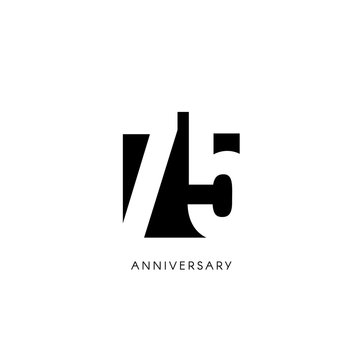 Seventy five anniversary, minimalistic logo. Seventy-fifth years, 75th jubilee, greeting card. Birthday invitation. 75 year sign. Black negative space vector illustration on white background
