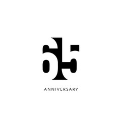 Sixty five anniversary, minimalistic logo. Sixty-fifth years, 65th jubilee, greeting card. Birthday invitation. 65 year sign. Black negative space vector illustration on white background. - obrazy, fototapety, plakaty