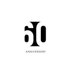 Sixty anniversary, minimalistic logo. Sixtieth years, 60th jubilee, greeting card. Birthday invitation. 60 year sign. Black negative space vector illustration on white background. - obrazy, fototapety, plakaty