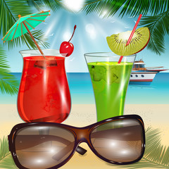 Summer background with sunglasses and cocktails.