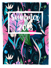 Summer card design. Hand drawn leaves, flowers. Tropical life, sea life. Print colorful modern textile, pattern, jungle doodle theme, abstract sketch art. 