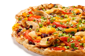 Pizza with chicken and vegetables on white background