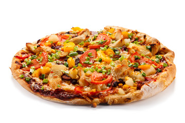 Pizza with chicken and vegetables on white background