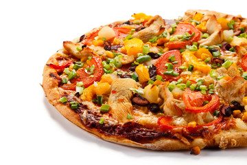 Pizza with chicken and vegetables on white background