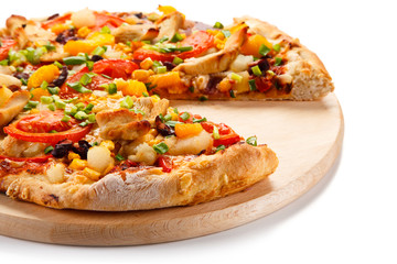 Pizza with chicken and vegetables on white background