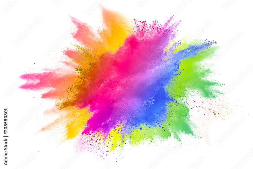 Wall mural multi color powder explosion on white background. bizarre forms of colorful dust particles splash on