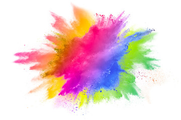 Multi color powder explosion on white background. Bizarre forms of  colorful dust particles splash...