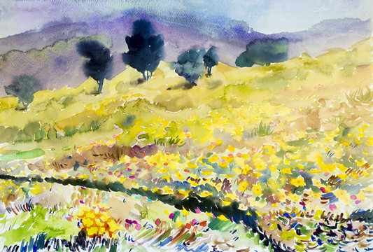 Painting art watercolor landscape original  colorful of flowers on mountain