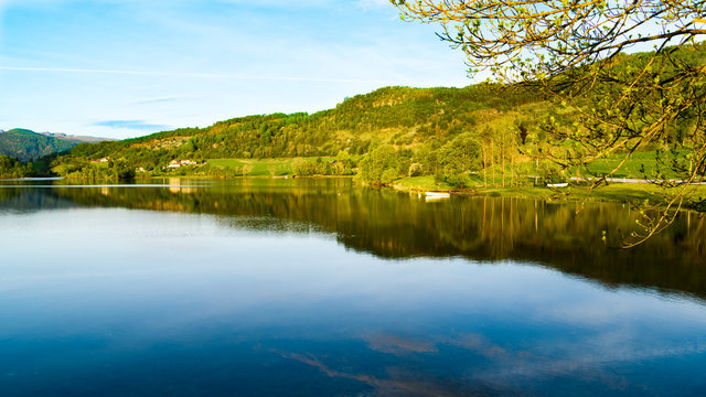 View over the lake Stordalsvatnet in Hordaland, Norway, on a sunny morning