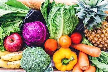 Different fresh fruits and vegetables background.Healthy eating