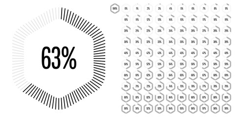 Set of hexagon percentage diagrams from 0 to 100 ready-to-use for web design, user interface (UI) or infographic - indicator with black