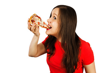 Young handsome girl eating pizza, isolated on white background. Side view.