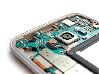 Fototapeta premium Close-up of inside broken smartphone disassembled preparing to repair on white background, Fucus on rear camera