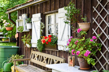 Fototapeta na wymiar Ein Garten mit Hütte mit Blumen im Sommer