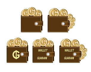 set of brown  wallets with guarani coins