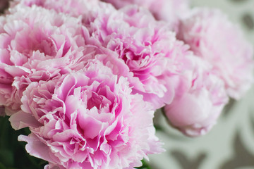Elegant bouquet of a lot of peonies of pink color close up. Beautiful flower for any holiday. Lots of pretty and romantic flowers in floral shop.
