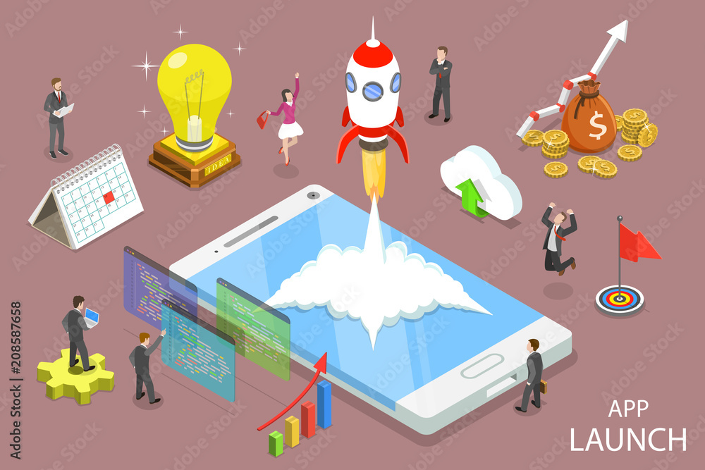 Aufkleber flat isometric vector concept of app launch, startup idea, mobile development.