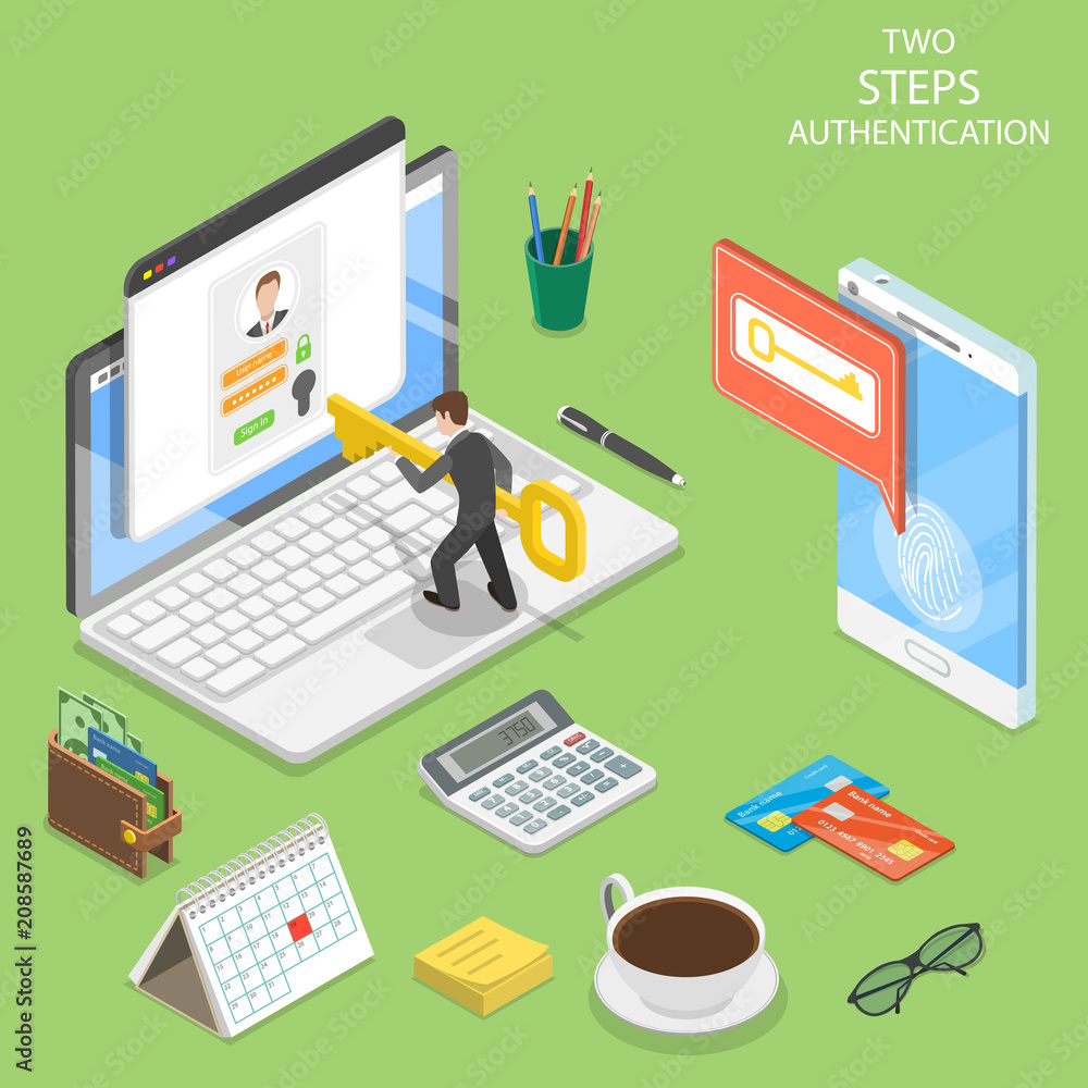 Poster flat isometric vector concept of two steps verification, multi factor authentication.