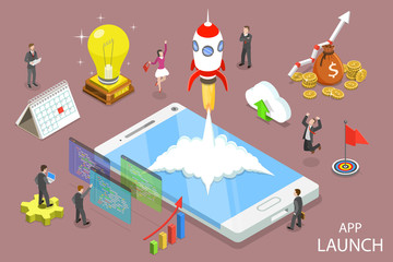 Flat isometric vector concept of app launch, startup idea, mobile development.