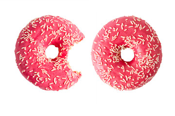 Donut and bitten donut isolated on white background. Top view.