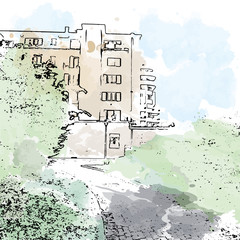 sketch illustration of a multi-storey house painted with watercolor