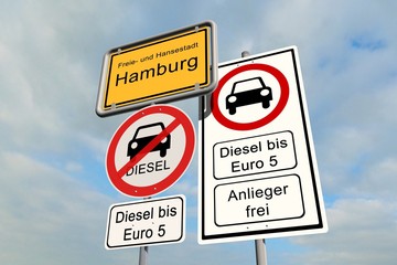Diesel Fahrverbot Hamburg - Ortsschild Hamburg mit dem Verbotsschild Diesel Fahrverbot bis Euro 5 - Anlieger frei