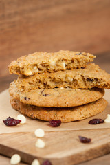 Home Baked Oatmeal Cookies With White Chocolate And Cranberries.