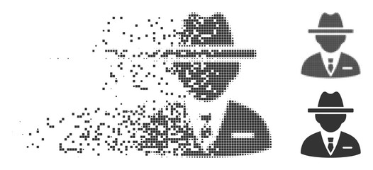 Gray vector agent icon in fractured, dotted halftone and undamaged entire variants. Disintegration effect uses square particles. Pieces are combined into dissipated agent icon. - obrazy, fototapety, plakaty