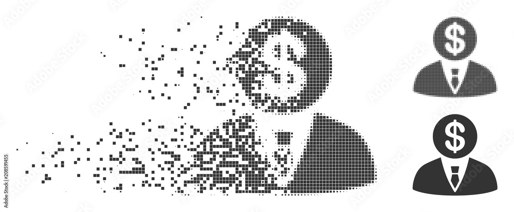 Poster gray vector banker icon in fractured, dotted halftone and undamaged solid variants. disintegration e