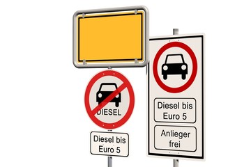 Diesel Fahrverbot - leeres Ortsschild mit dem zusätzlichen Verbotszeichen Dieselfahrverbot bis Euro 5 - Anlieger frei - Platz für eigenen Eintrag im Ortsschild