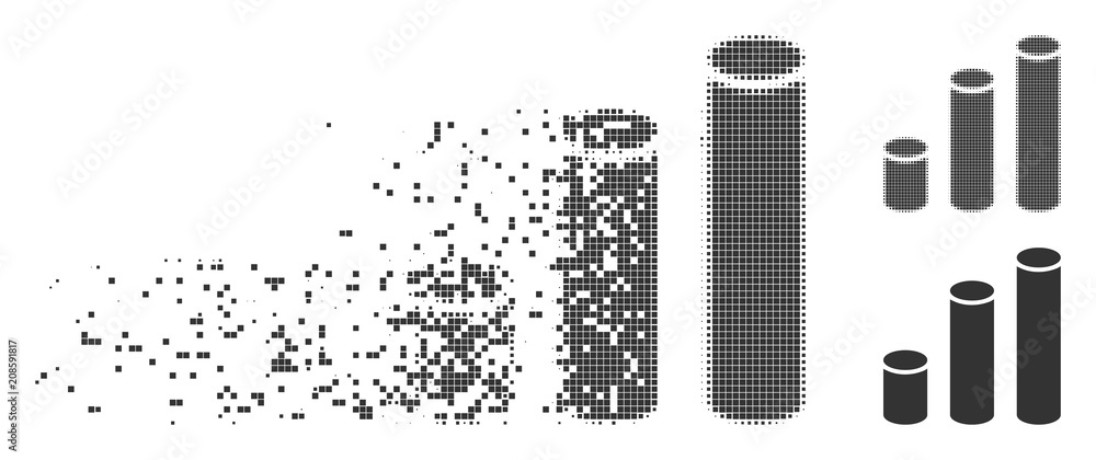 Poster gray vector bar chart cylinders icon in fractured, dotted halftone and undamaged whole variants. dis