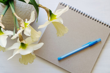 Notepad with pen, daffodils in a vase on a white table. Inspirational workplace.