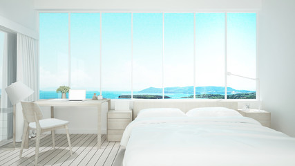 Bedroom and working area on sea view in hotel or resort - Bedroom simple design and nature view background for hotel artwork - 3D Rendering