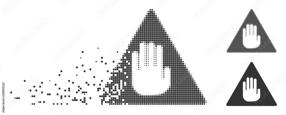 Poster gray vector caution icon in fractured, pixelated halftone and undamaged whole variants. disintegrati