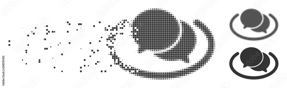 Poster gray vector chat icon in dispersed, pixelated halftone and undamaged entire variants. disintegration