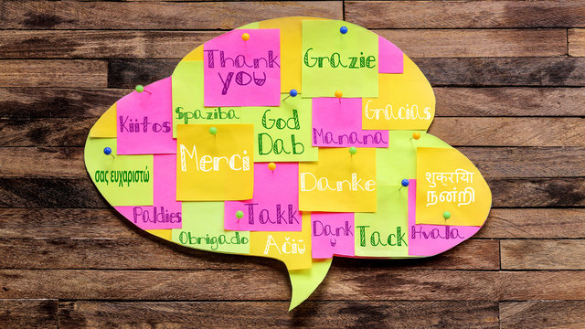 Bulle nuage de mots post-it : merci, thank you