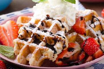 Waffles with berries, strawberries