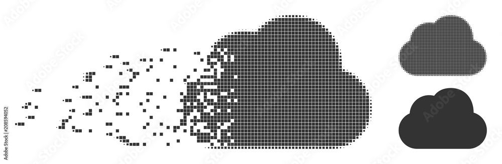 Poster Gray vector cloud icon in dispersed, dotted halftone and undamaged solid versions. Disintegration effect uses rectangular dots. Elements are grouped into disappearing cloud symbol.
