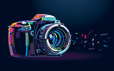 Photo camera. Banner in a digital painting - obrazy, fototapety, plakaty