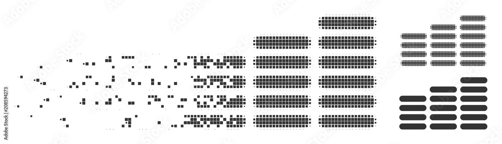 Poster gray vector coin columns icon in dispersed, dotted halftone and undamaged entire variants. disintegr