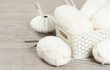 Natural Wool Yarn Balls. Knitting Needles.