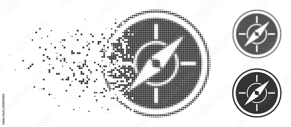 Poster grey vector compass icon in dissolved, dotted halftone and undamaged whole versions. disappearing ef