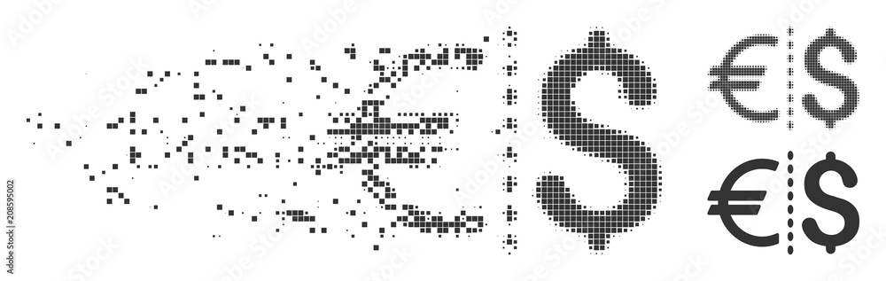Poster grey vector currency icon in fractured, dotted halftone and undamaged whole versions. disappearing e